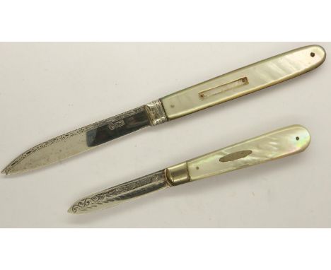 Two mother of pearl handled fruit knives with hallmarked silver blades. UK P&amp;P Group 3 (£30+VAT for the first lot and £8+