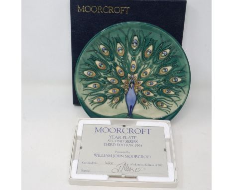 Moorcroft 1994 cabinet plate in the Peacock pattern, limited edition 428/500, boxed with certificate, no chips or cracks, D: 