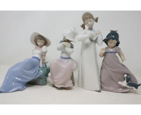 Three Nao figurines and one Lladro example (4), no chips or cracks, largest H: 21 cm. UK P&amp;P Group 2 (£18+VAT for the fir