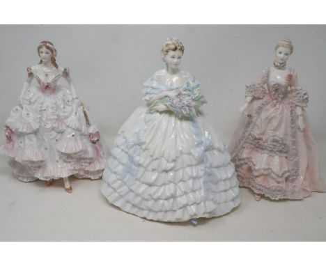 Two Coalport figurines, Iris and Madame De Pompadour, and a Royal Worcester figurine, Royal Debut (3), no chips or cracks, la