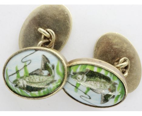 Pair of gold plated hallmarked silver cufflinks with an enamelled trout on a line decoration, marked JEB (Walker &amp; Hall),