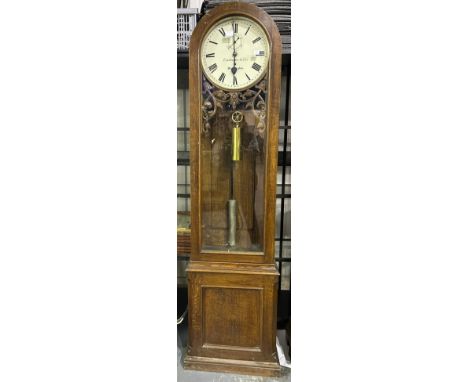 19th century Eustance &amp; Co Warrington longcase clock in oak, single weight, circular enamelled dial and pendulum display 