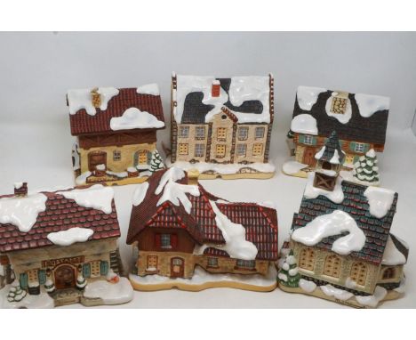 Three Hummel houses, two shops and a church (6), no chips or cracks, largest H: 22 cm. UK P&amp;P Group 3 (£30+VAT for the fi