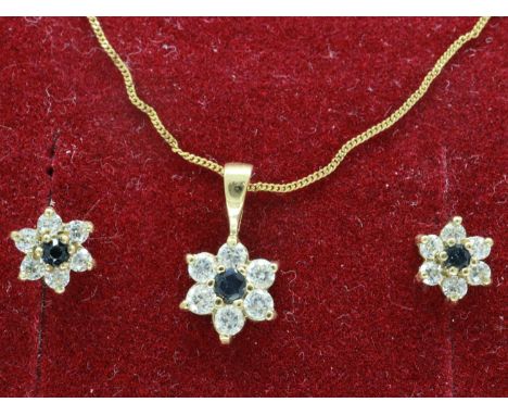 9ct gold pendant necklace and earring suite set with sapphires and cubic zirconia, chain L: 40 cm, 1.5g. UK P&amp;P Group 1 (