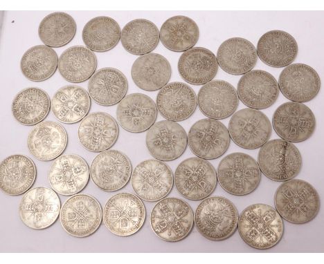 Thirty eight pre 1947 florins. UK P&amp;P Group 1 (£16+VAT for the first lot and £2+VAT for subsequent lots) 