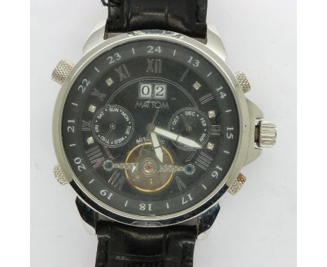 MATTOM: gents automatic wristwatch with skeleton movement, two subsidiary dials and date aperture on a black leather strap, w