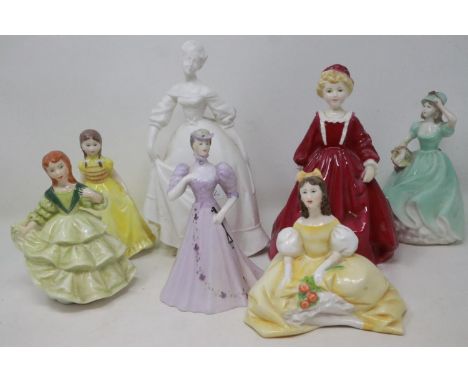 Five Royal Worcester figures and two Coalport examples (7), no chips or cracks, largest H: 21 cm.UK P&amp;P Group 3 (£30+VAT 