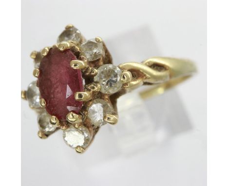 9ct gold cluster ring set with ruby and cubic zirconia, size M/N, 1.8g. UK P&amp;P Group 0 (£6+VAT for the first lot and £1+V