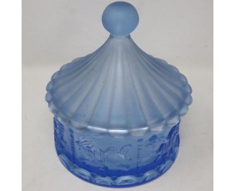 Goebel frosted blue glass carousel form covered box, H: 19 cm. Not available for in-house P&amp;P 