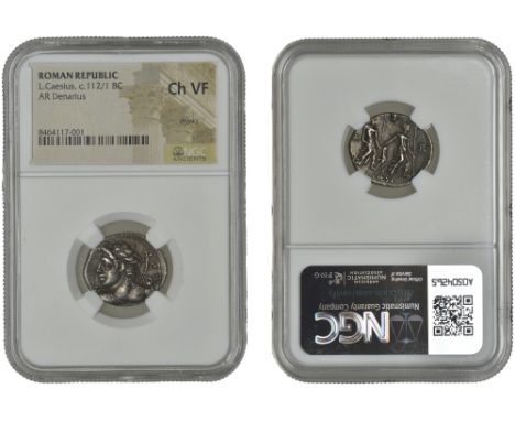 Roman Republican, L. Caesius, Denarius, c. 112-1, bust of Apollo Vejovis left, thunderbolt in right hand, roma monogram behin
