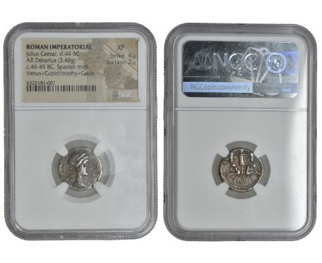 Julius Cæsar, Denarius, military mint moving with Caesar in Spain, 46-5, diademed head of Venus right, Cupid behind, rev. tro