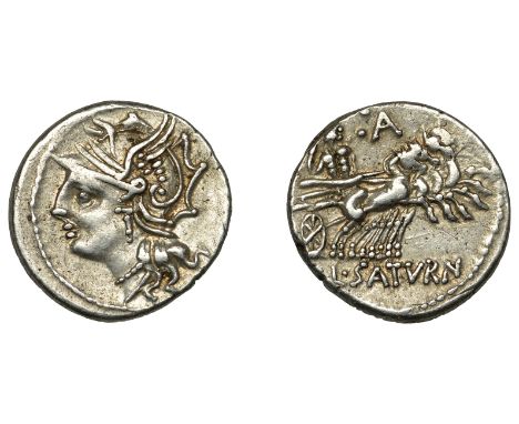 Roman Republican, L. Appuleius Saturninus, Denarius, c. 104, helmeted head of Roma left, rev. Saturn driving quadriga right, 