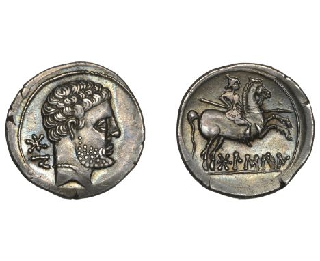 IBERIA, Bolskan, Denarius, 80-72, bearded head right, wearing pelleted necklace, Iberian characters behind, rev. horseman rig