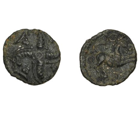British Iron Age, CANTIACI, Early Uninscribed series, bronze Unit, four-armed spiral, bucrania in angles, rev. rearing horse 