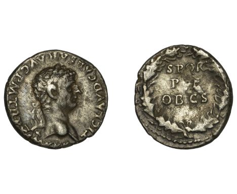 Claudius (41-54), Denarius, 50-51, laureate head right, ti clavd caesar avg p m tr p x imp p p, rev. s p q r pp o b cs in thr