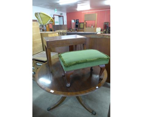 A circular inlaid mahogany dining table, a stool and a mahogany commode stool