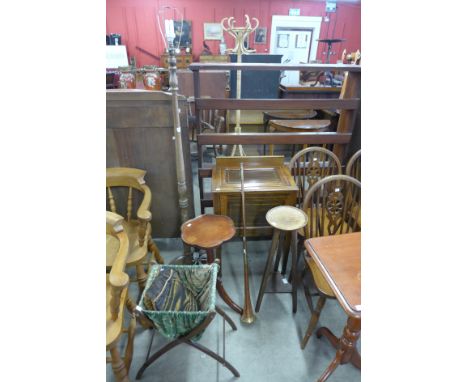 An Edward VII inlaid mahogany pot cupboard, standard lamp, wine table, jardiniere stand, etc. (6)