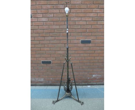 A Victorian Aesthetic Movement burnished steel telescopic floor standing lamp, manner of W.A.S. Benson
