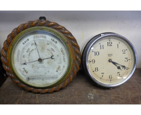 A Smith 8-day clock and an oak aneroid barometer, by J.W. Webb, Faversham