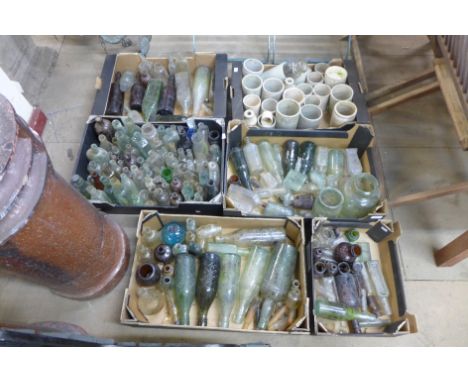 Six boxes of assorted vintage glass bottles, etc.