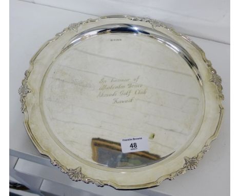 Silver tray with shell cast rim, with presentation inscription to centre, Sheffield 1971, 30cm diameter