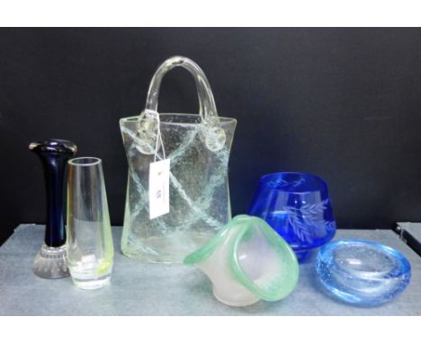 A collection of art glass to include a Vasart posy basket, Caithness vases and a vase modelled as a bag, (6) 