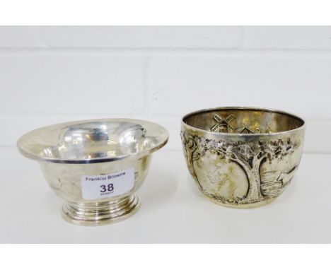 Victorian silver bowl with repousee Dutch landscape scene, makers marks for Robert Humphries, London 1881, 10 x 7 cm together