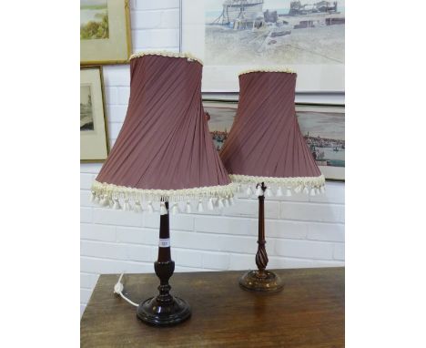 Two turned wood table lamp bases and shades, (2) 