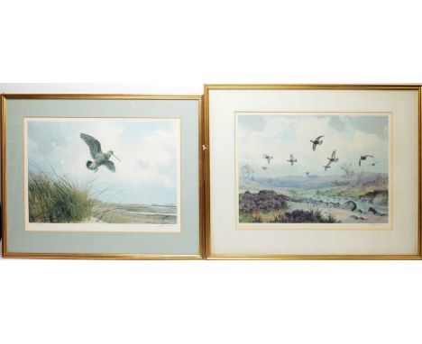 John Cyril Harrison - "Migrant Woodcock" and Pheasants in flight, signed and numbered, colour prints, 31 x 45cms and 32 x 45c