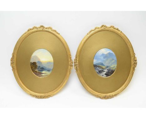 George Blackie Stick - Mountainous landscape, and boating at dusk, signed, oil on board, 13 x 10cms, in oval gilt frames. (a 