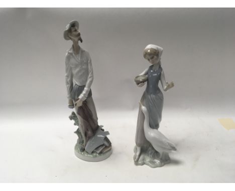 Two Lladro figures a girl feed a goose and Don Quixote (2)