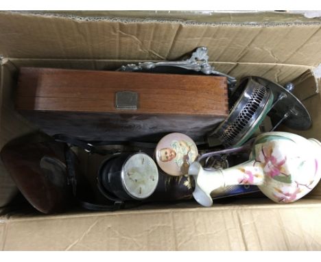 A box of good items inc a Japanese lacquered glove box, camera lens etc.