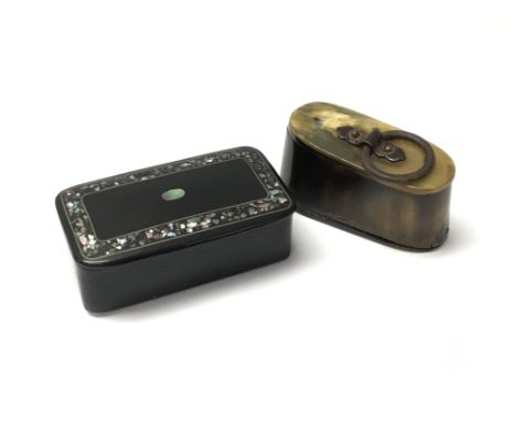 A 19th century inlaid mother of pearl snuff box, together with a horn snuff box with ring handle