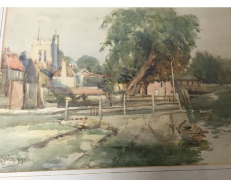 A framed watercolour a panoramic view With buildings and a church signed by George Dickman 26x37cm