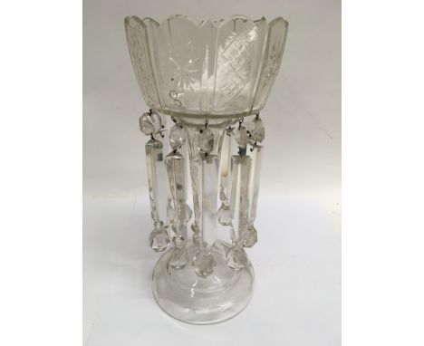 Two Victorian cut glass lustres with glass drops and a Victorian style oil lamp with cranberry shade - NO RESERVE