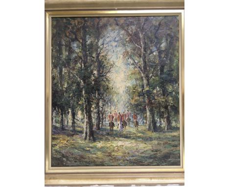 A gilt framed acrylic on canvas of a hunting scene, approx 73cm x 82.5cm including frame - NO RESERVE