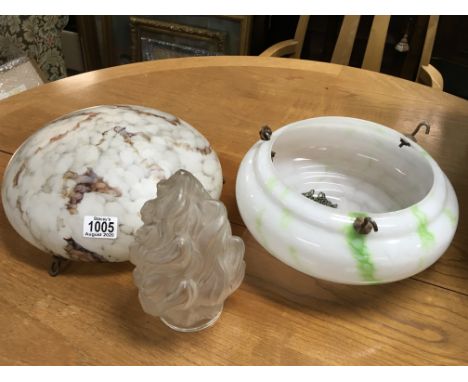 2 1930s hanging glass lamp shades plus a later 1950s shade
