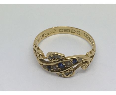 An antique 18ct gold, sapphire and pearl ring, approx 3g and approx size P.