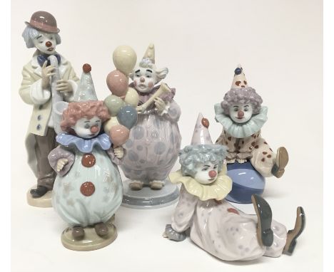 5 Lladro porcelain clown figurines.