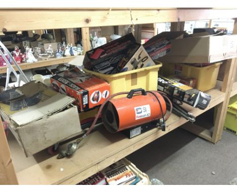 A large collection of various tools including a gas blow heater, Unimet lathe, PowerDevil router and cutters, Black &amp; Dec