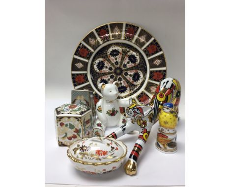 A collection of ceramics comprising derby plate Spode desk weights Royal Worcester candle snuffer and Cool catz Art Deco styl