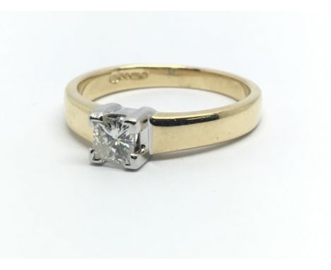 An 18ct yellow gold ring with single princess cut diamond, approx 0.35ct, ring size approx N