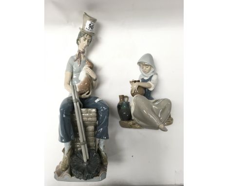 A Large Lladro porcelain Figure of a chimney sweep plus an addition Lladro figure of a potter.