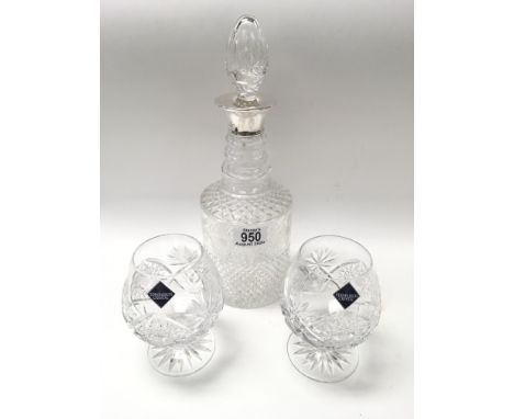 A hallmarked silver collar decanter plus 2 Edinburgh crystal brandy glasses.