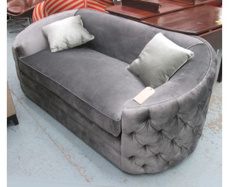 SOFA, two seater, Odeon style, with deep buttons outside back in silver velvet fabric on wooden frame 200cm L plus a pair of 