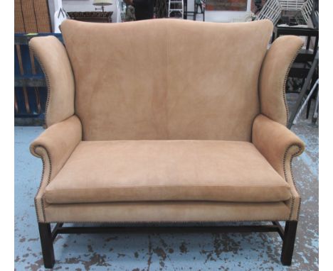 WINGBACK SOFA, Georgian style mahogany in tan suede, with studded detail, 158cm W x 70cm D x 120cm H. 