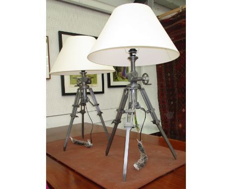 TABLE LAMPS, a pair, Industrial style on extending tripod supports with shades, 99cm H. (2)