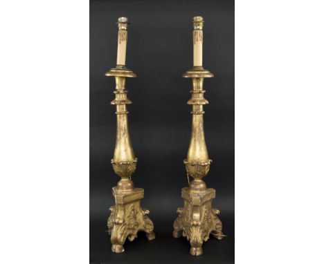 ALTAR CANDLESTICK LAMPS, a pair, 18th century Italian, giltwood, 97cm H maximum, adapted. (2)