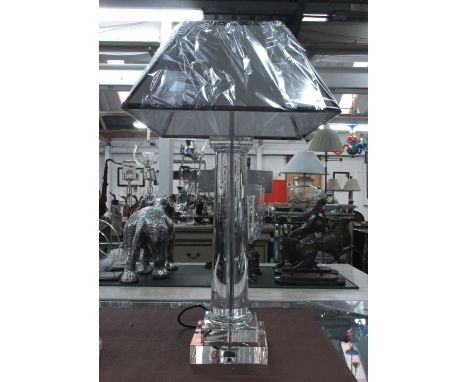 TABLE LAMP, circular, in crystal on a square base with shade, 83cm H. 