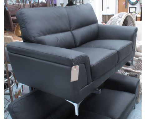 SOFA, two seater, black leather with faux leather backing, 164cm W x 88cm H x 88cm D. 